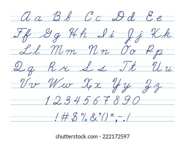 Hand drawn uppercase calligraphic alphabet and number. Cursive letters. Vector illustration.