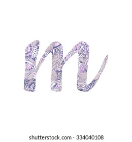 Hand drawn uppercase letter ''m". Floral monogram style doodle. The original design . Perfect for backgrounds of posters, invitations, cards