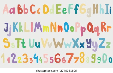 Hand drawn uppercase and lowercase colorful alphabet and numbers. Vector sketch illustration in vintage crayon charcoal style. Hand written font for greeting cards, logo.