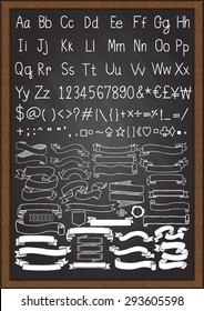 Hand drawn uppercase and lowercase fonts and others symbols on keyboard with hand drawn ribbons.