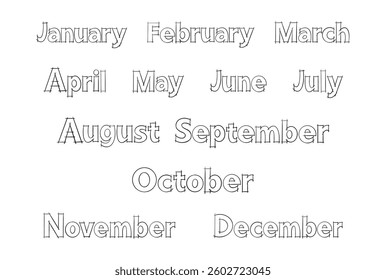 Hand drawn uppercase month names of the year for stickers, calendars, flyers, website design.
