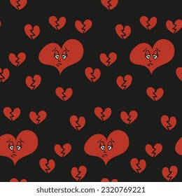 Hand drawn upset heart pattern on dark background. Flat vector illustration with cartoon character and brocken hearts. Suitable for decoration, background, textile, wrapping paper, scrapbooking
