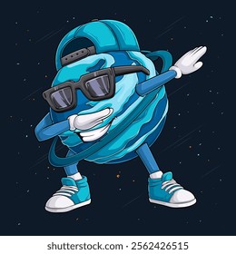 Hand drawn Uranus planet character wearing blue cap, sunglasses doing dab dance, dabbing Uranus 