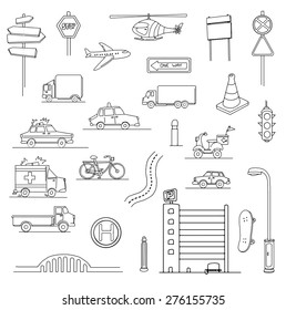 Hand drawn Urban city set of various objects, transport, vector illustration