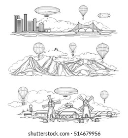 Hand drawn urban country and mountain landscapes with hot air balloons and airships parade. Vector illustration