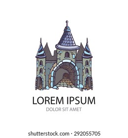 Hand drawn Urban graphic template made in vector. Medieval castles. Architectural or constructional label design with place for your text