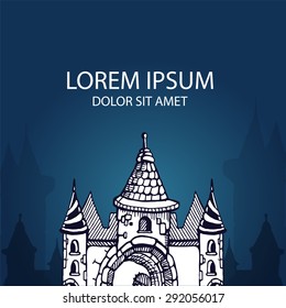 Hand drawn Urban graphic template made in vector. Medieval castles. Architectural or constructional flyer design with place for your text