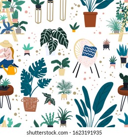 Hand drawn urban jungle seamless pattern with scandinavian decoration elements, furniture and house plants