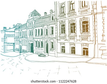 Hand drawn urban landscape. Old European city street. Colorful ink drawing sketch on white background