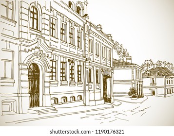 Hand drawn urban landscape. Old European street. Ink sepia drawing sketch on white background. Vector illustration. Kiev. Ukraine.
