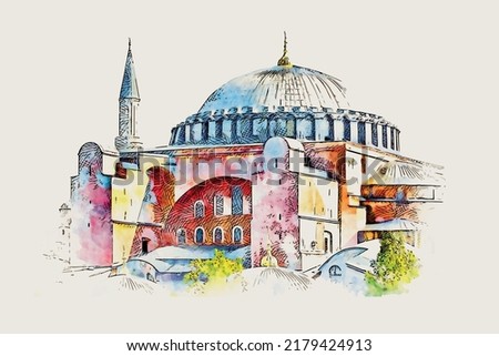 Hand drawn urban sketch illustration of Holy Hagia Sophia Grand Mosque in İstanbul, Turkey