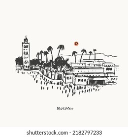 Hand Drawn Urban Sketch Of Moroccan City Buildings. Vector Marrakech Architecture Illustration. Arabic Landmark Mosque Tower And Medina Market. For Travel Background Design.