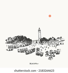 Hand Drawn Urban Sketch Of Moroccan City Buildings. Vector Marrakech Architecture Illustration.  Arabic Landmark Mosque Tower And Old Market. For Travel Background Design.