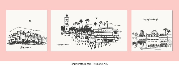 Hand Drawn Urban Sketch Of Moroccan City Buildings. Vector Marrakech Architecture Illustration. Arabic Landmark Mosque Tower. For Travel Background Design.