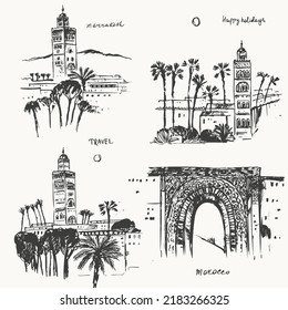 Hand Drawn Urban Sketch Of Moroccan City Buildings. Vector Marrakech Architecture Illustration. Arabic Landmark Mosque Tower, Old Gates. For Travel Background Design.