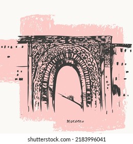 Hand drawn urban sketch of moroccan city. Vector architecture illustration. Arabic landmark old ornamented gates on pink. For travel background design.