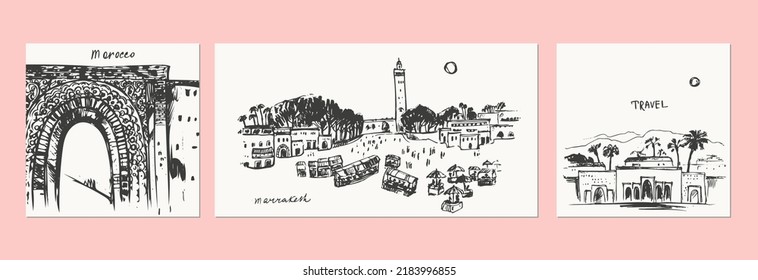 Hand Drawn Urban Sketch Of Moroccan City Buildings. Vector Marrakech Architecture Illustration. Arabic Landmark Mosque Tower, Market, Gates. For Travel Background Design.