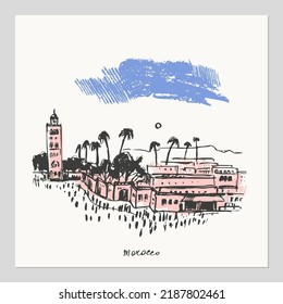 Hand Drawn Urban Sketch Of Moroccan City Buildings. Vector Marrakech Architecture Illustration.  Arabic Landmark Mosque Tower. For Travel Background Design.