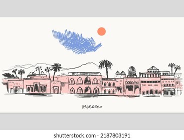 Hand Drawn Urban Sketch Of Moroccan City Buildings. Vector Marrakech Architecture Illustration.  For Travel Background Design.