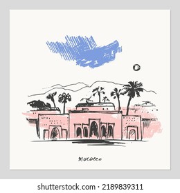 Hand Drawn Urban Sketch Of Moroccan City Buildings. Vector Marrakech Architecture Illustration. Tourist Attraction, Skyline Panorama. For Travel Background Design.