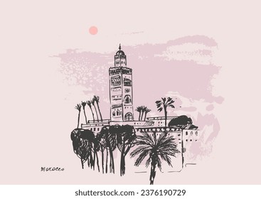 Hand drawn urban sketch of moroccan city buildings. Vector architecture illustration. Tourist attraction, skyline panorama. Arabic landmark tower. For travel background design.
