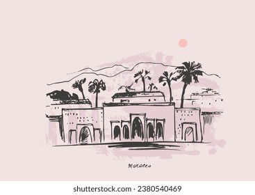 Hand drawn urban sketch of moroccan city buildings. Vector architecture illustration. Tourist attraction, skyline panorama. For travel background design.