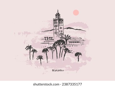 Hand drawn urban sketch of moroccan city buildings. Vector architecture illustration. Tourist attraction, skyline panorama. Arabic landmark tower. For travel background design.