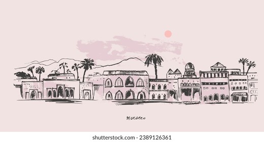 Hand drawn urban sketch of moroccan city buildings. Vector architecture illustration. Tourist attraction, skyline panorama. Arabic landmark tower. For travel background design.