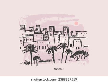 Hand drawn urban sketch of moroccan city buildings. Vector architecture illustration. Tourist attraction, skyline panorama. Arabic landmark tower. For travel background design.