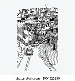Hand drawn urban sketch street scene Medellin 