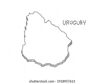 Dibujo manual del Uruguay 3D Mapa sobre fondo blanco. 