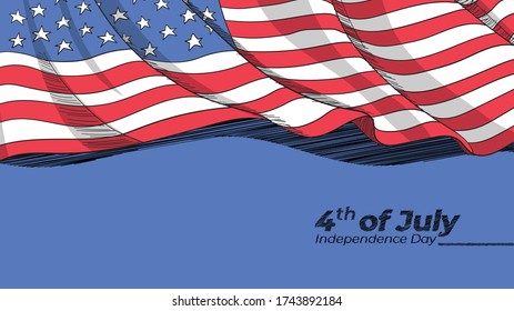 Hand Drawn US Flag on Blue Background for 4th of July Celebration Concept