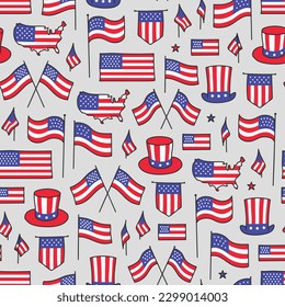 hand drawn us flag seamless pattern on grey background