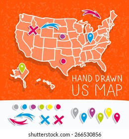 Hand Drawn US Map With Map Pins Vector Illustration