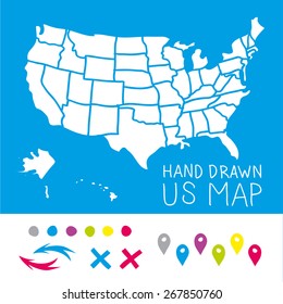 Hand Drawn US Map With Map Pins Vector Illustration