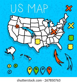 Hand Drawn US Map With Map Pins Vector Illustration