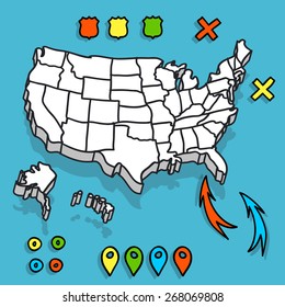 Hand drawn US map with map pins and arrows vector illustration