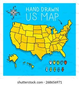 Hand Drawn US Map With Pins Arrows And Rose Vector Illustration