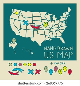 Hand drawn US map travel poster vector illustration