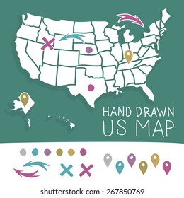 Hand Drawn US Map Whith Map Pins Vector Illustration