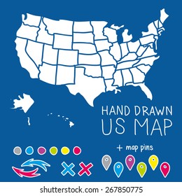 Hand Drawn US Map Whith Map Pins Vector Illustration