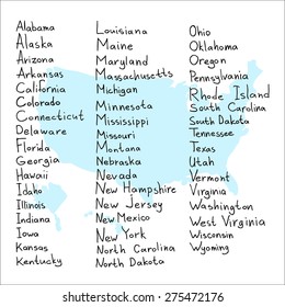 Hand drawn USA map with handwritten state names 