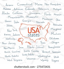 Hand drawn USA map states with handwritten state names on crumpled paper background