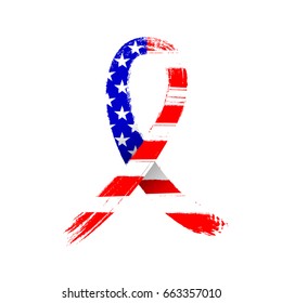 Hand drawn USA ribbon flag. Symbol of patriotism. Brush style illustration isolated on white background. Design for poster, greeting card and t-shirt.