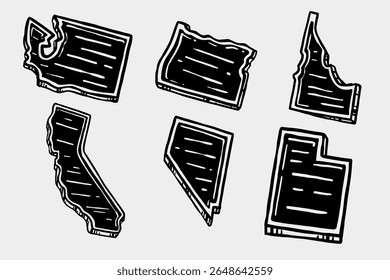 Hand Drawn USA West Coast States Icons – Vector Illustration Washington, Oregon, Idaho, California, Nevada, and Utah