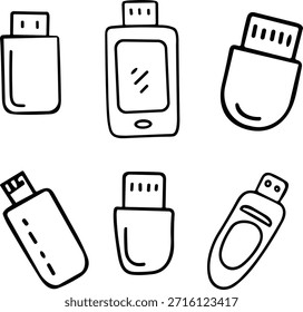 Colección de unidades flash USB dibujadas a mano, concepto de almacenamiento de datos