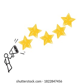 hand drawn User experience feedback icon , stick figure with stars symbol for Clients evaluating product, Consumer product review. doodle style