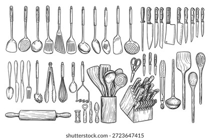 El juego de Ilustración vectorial de utensilios dibujados a mano cuenta con una colección completa de herramientas culinarias y de preparación dispuestas en un diseño limpio y organizado. El Vector incluye varios tipos de cucharas, cucharones, cucharas ranuradas, cucharas para servir, espátulas, volteadores, desnatadores, batidores, tenedores, cuchillos, cuchillas, cuchillas, tijeras, pinzas, trituradoras, peladoras, rodillo, juego de cubiertos, bloque de cuchillos, portautensilios, cucharas de madera y herramientas metálicas comúnmente utilizadas en los espacios de comedor en casa y restaurantes profesionales.

Todos los Elementos están ilustrados en un estilo de arte de línea vintage grabado detallado con trazos dibujados a mano en blanco y negro, lo que hace que este Vector sea ideal para la marca de restaurantes, diseño de menús, ilustraciones de libros de cocina, diseño de empaques, logotipos culinarios, carteles, tutoriales, diseño editorial y proyectos comerciales impresos o digitales.

Cada utensilio está aislado sobre un fondo blanco, totalmente escalable y editable, adecuado para conceptos de diseño modernos y clásicos. Este set de Vector de utensilios es perfecto para chefs, bloggers, escuelas culinarias, cafeterías, restaurantes y empresas de hostelería que buscan una estética atemporal dibujada a mano. Ideal para gráficos de la industria, ilustraciones temáticas, libros de recetas y materiales de marca