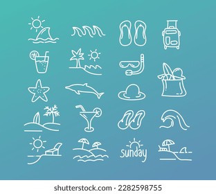 Colección de ilustraciones del doodle de la playa de vacaciones dibujadas por mano