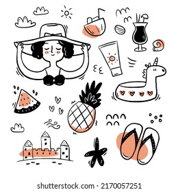 Hand drawn vacation black and white doodle elements with one color on the white background. Doodle set of summer icons for decor poster, t shirt, booklet, brochure, postcard. Simple illustration.